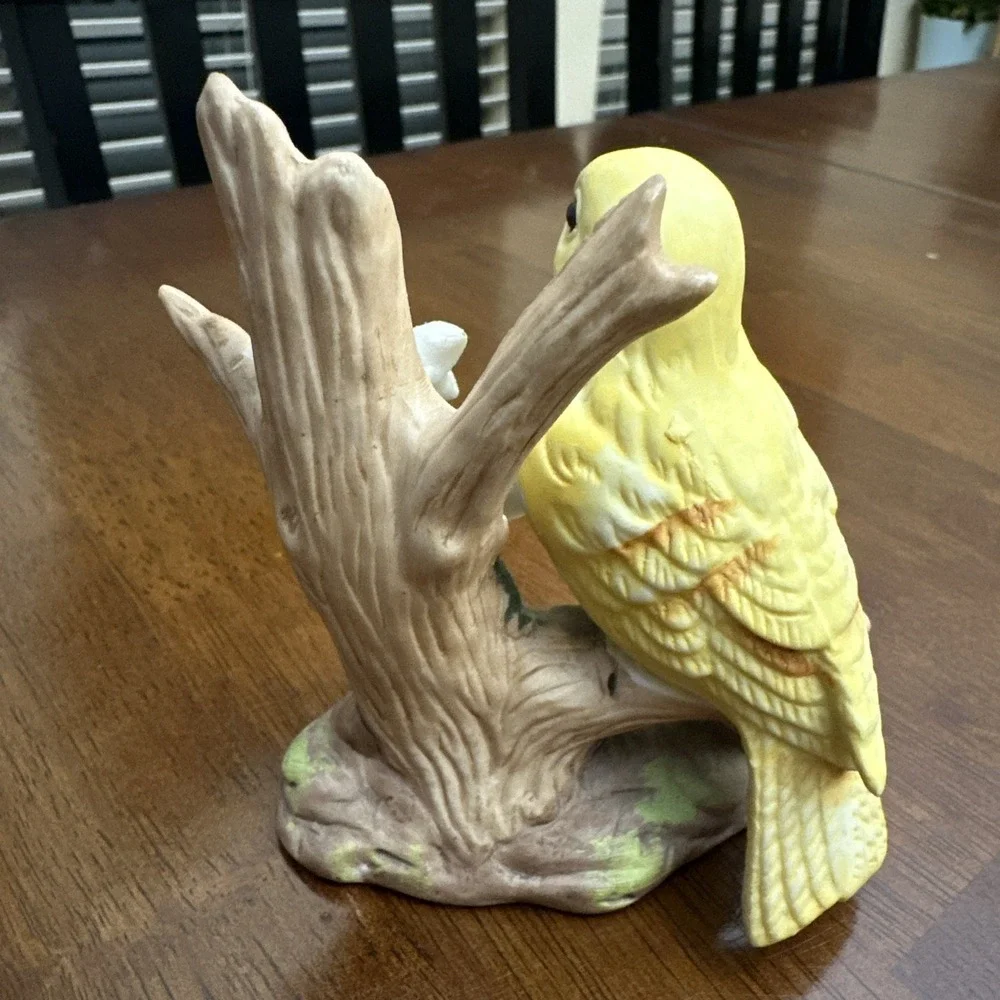 Yellow Bird Canary‎ Finch On Branch W/ Flower Bisque Porcelain Figurine 1980s